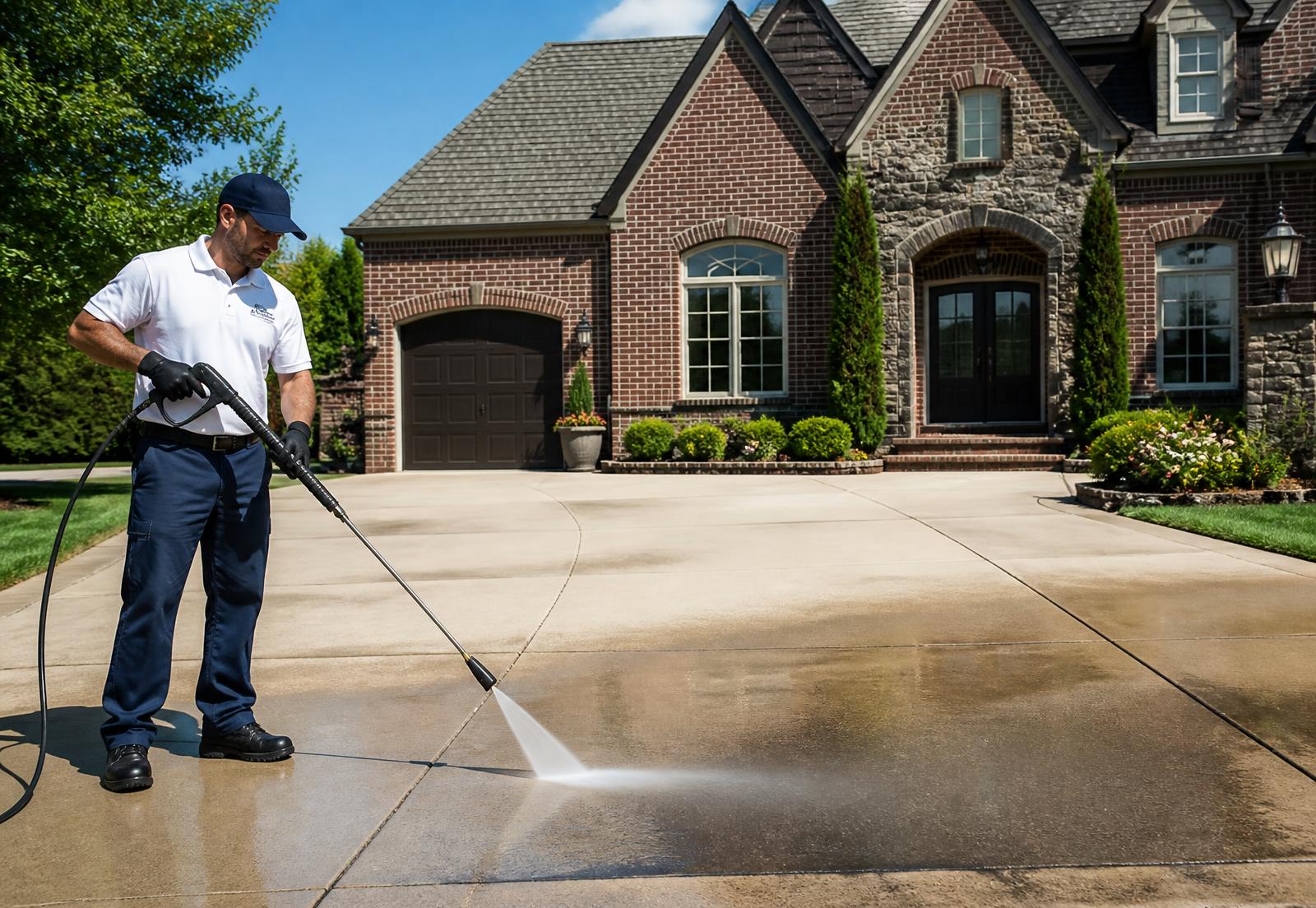 Technician pressure washing a driveway at a Vernon Hills home