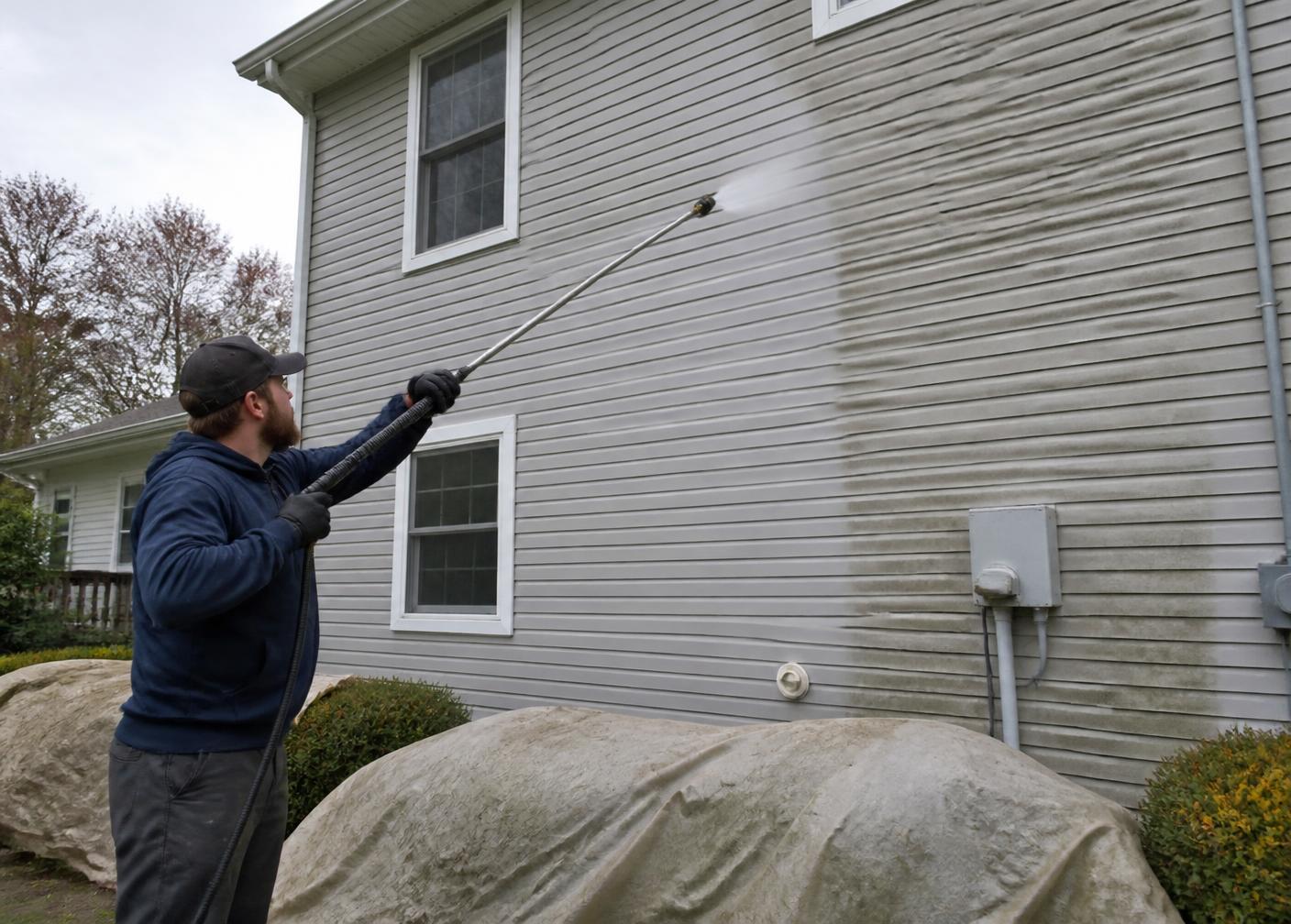 Technician soft washing vinyl siding on a Vernon Hills home